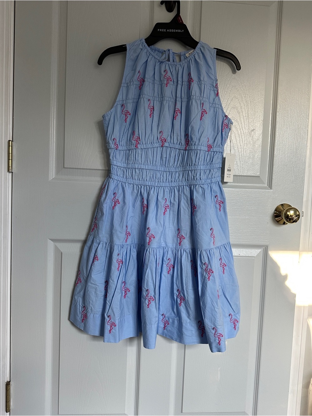 Sleeveless Blue Mini Dress with Pink Flamingo Embroidery
